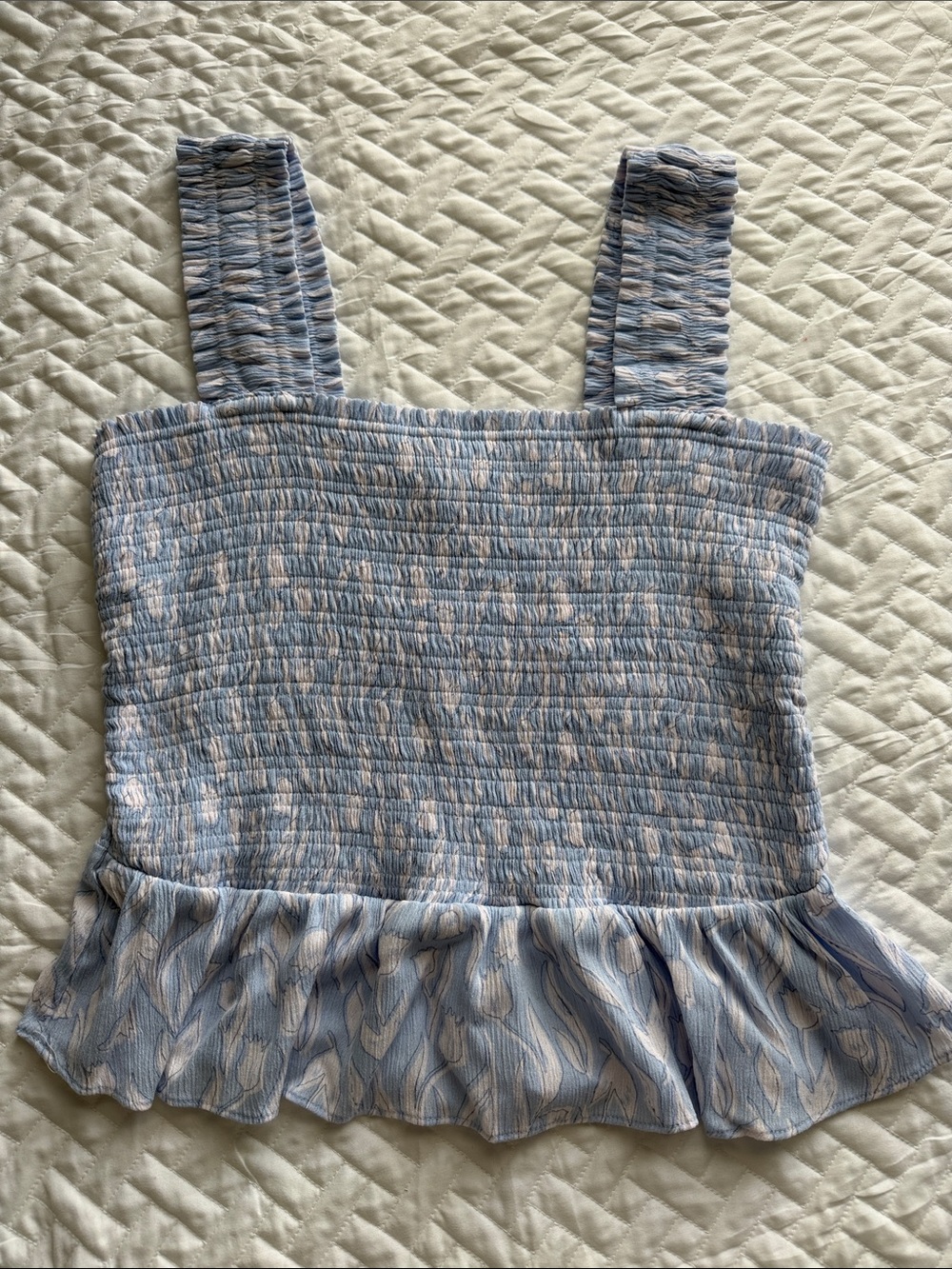 Lauren Conrad Smocked Blue Floral Ruffle Tank Top